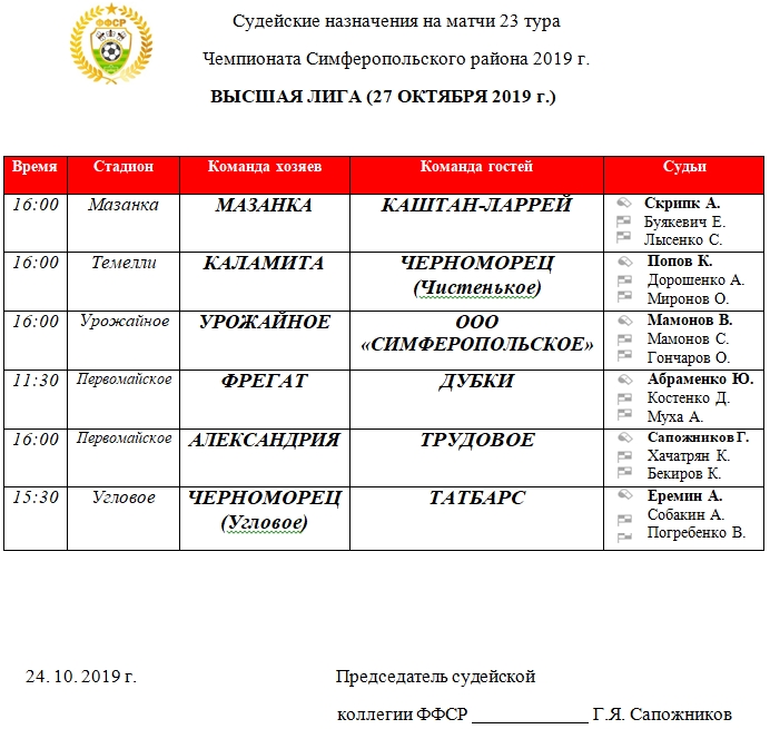 Судейские назначения матчей 23 тура ВЫСШЕЙ лиги