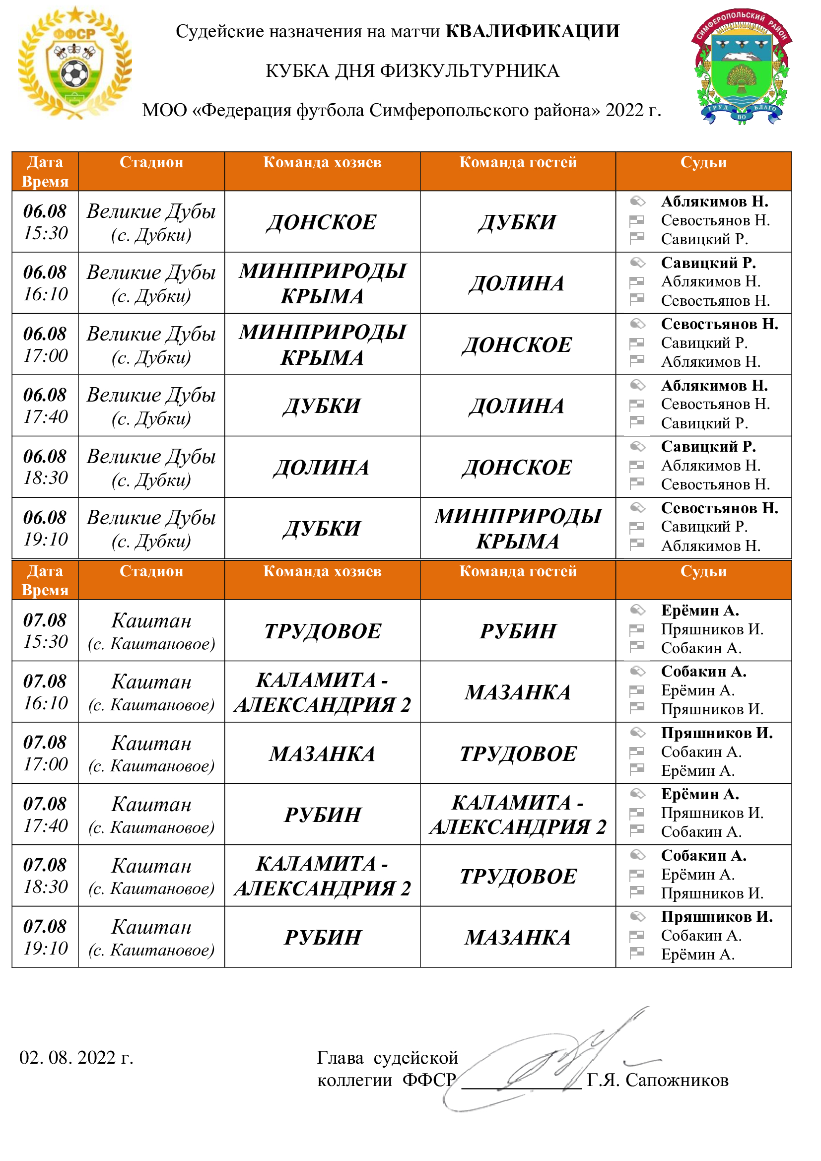 Судейские назначения на матчи квалификации Кубка Дня Физкультурника МОО "ФФСР" 2022 года в сёлах Дубки и Каштановое