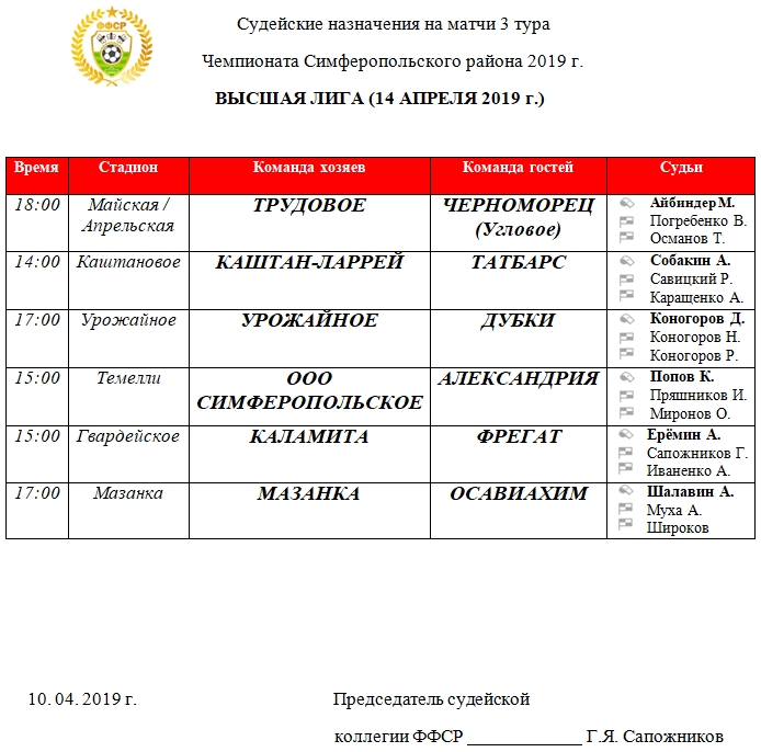 Судейские назначения матчей 3 тура ВЫСШЕЙ лиги