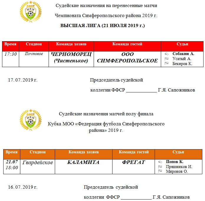 Судейские назначения перенесенного матча ВЫСШЕЙ лиги Чемпионата и полуфинала Кубка 2019 года