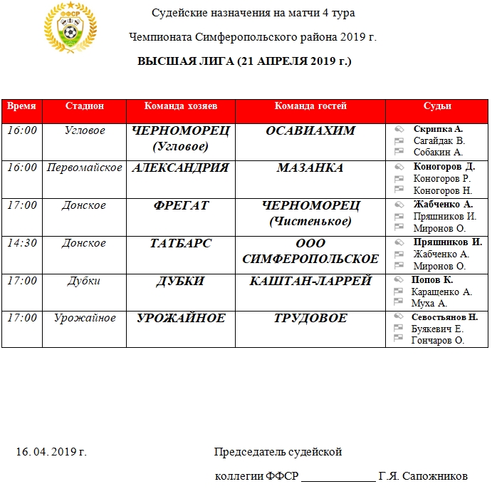 Судейские назначения матчей 4 тура ВЫСШЕЙ лиги