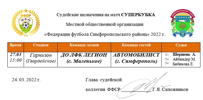 Судейские назначения на матч Суперкубка МОО "ФФСР" 2022 года