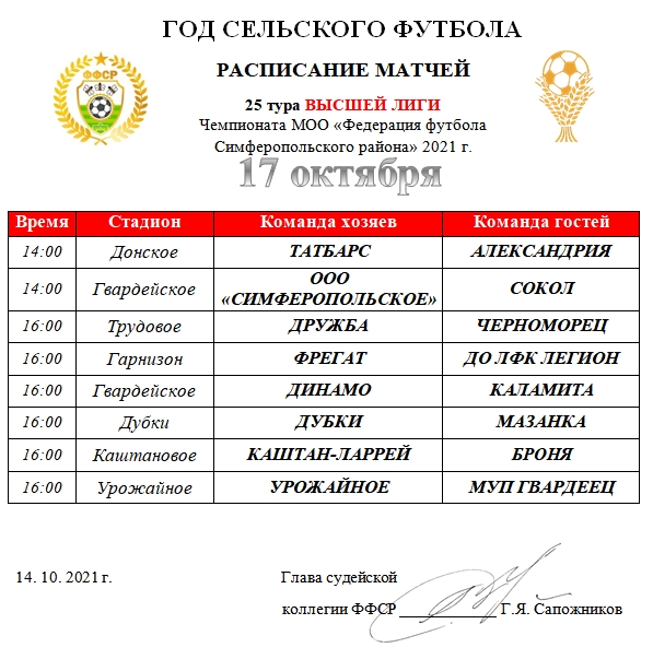 Расписание матчей 25 тура ВЫСШЕЙ лиги Чемпионата 2021 года