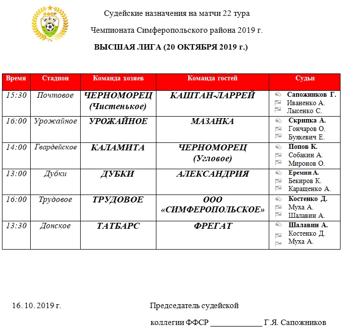 Судейские назначения матчей 22 тура ВЫСШЕЙ лиги