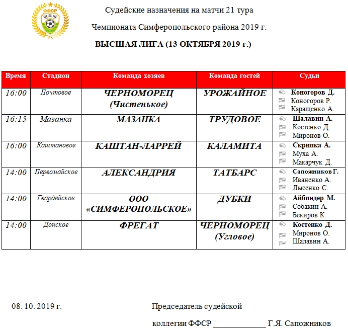 Судейские назначения матчей 21 тура ВЫСШЕЙ лиги