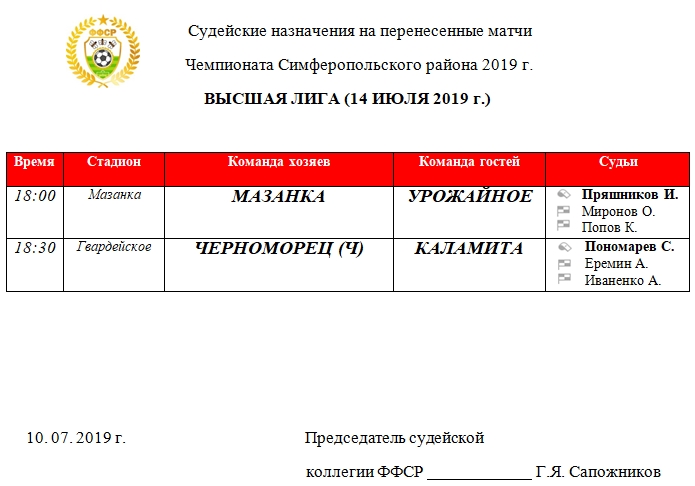 Судейские назначения перенесенных матчей ВЫСШЕЙ лиги Чемпионата 2019 года